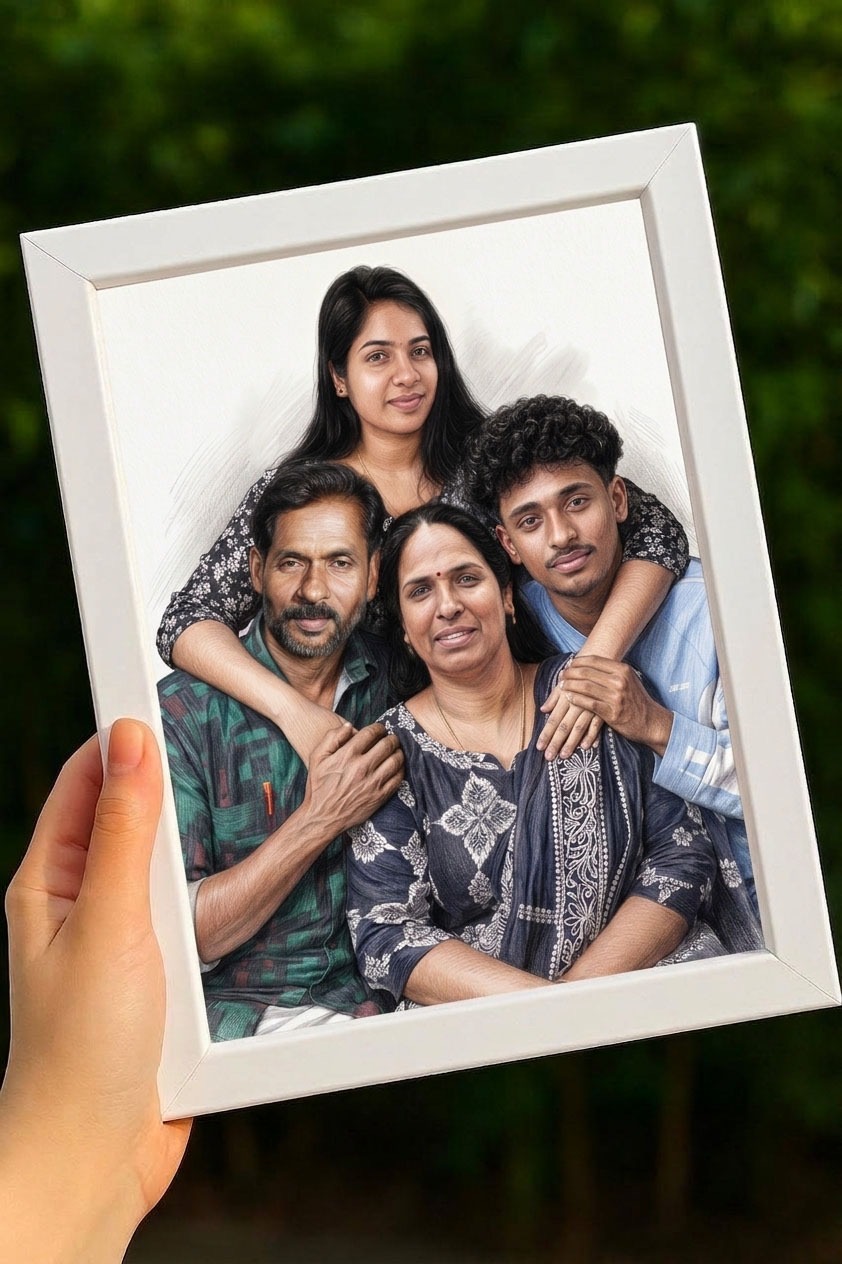 Family realistic pencil portrait sample 3 of 6